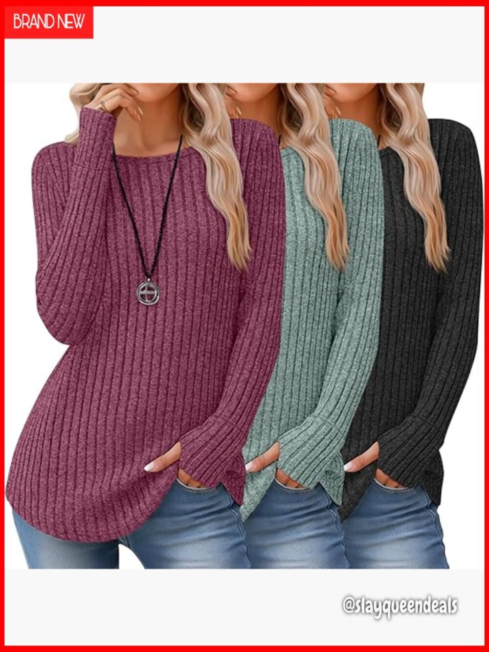 Long Sleeve Tunic Sweater 3 Pack Lightweight Loose Fit Thumb Holes